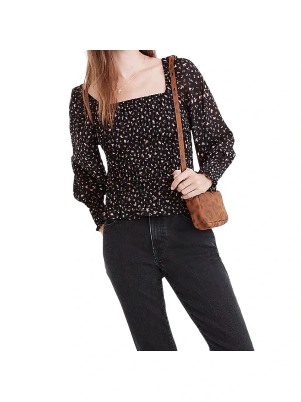 Madewell black Floral Smocked Square-Neck Top size 6
